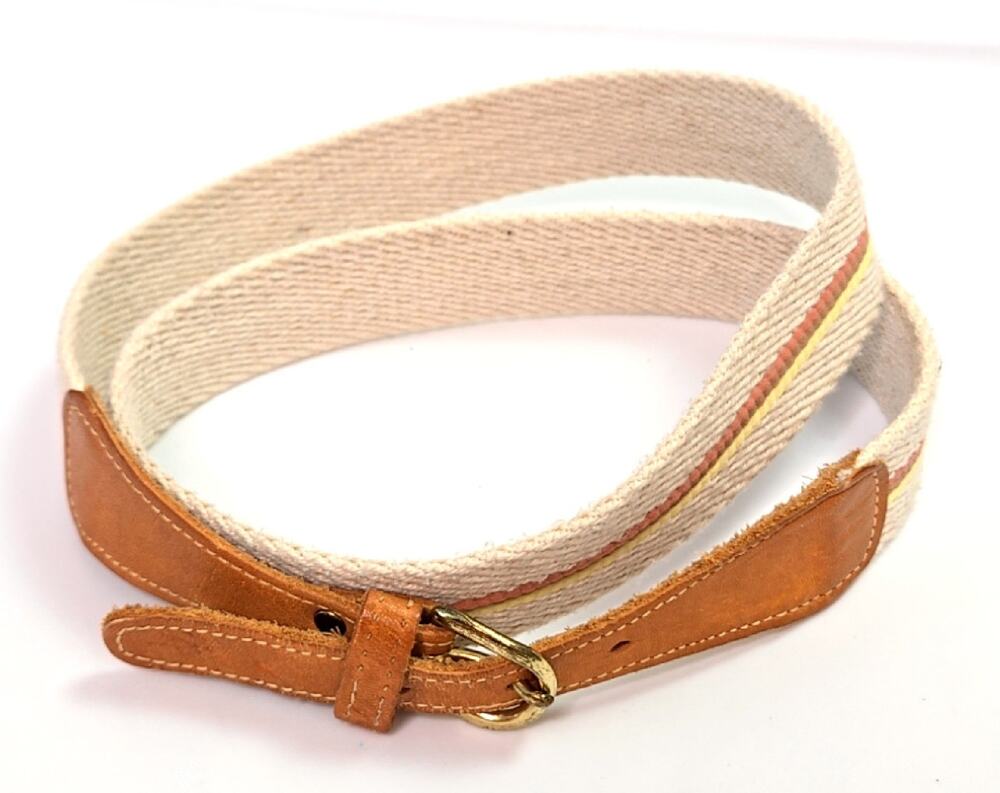 Preppy Beige Striped Surcingle Belt Tan Leather Brass Tone Buckle 33"